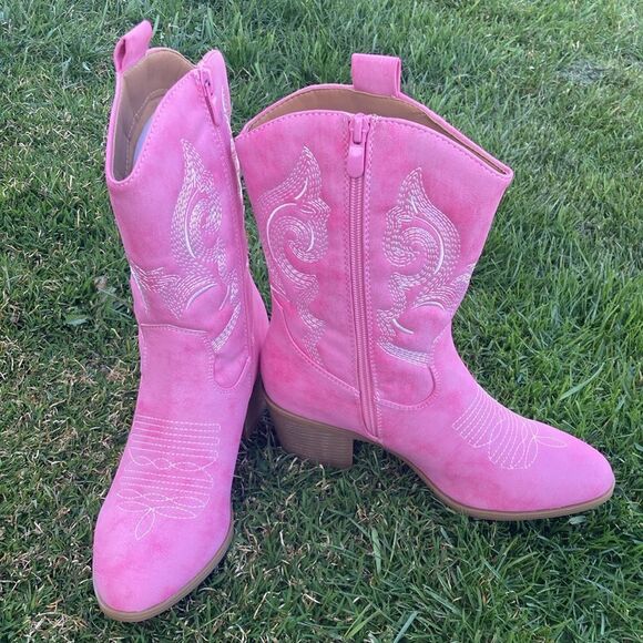Women's Mid Calf The Western Cowgirl Boots Chunky Low Heel - Picture 8 of 16